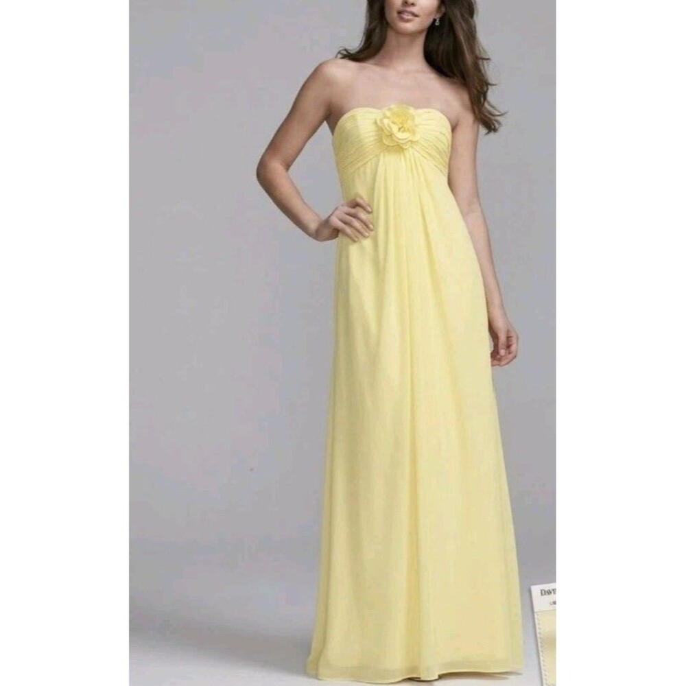 David’s Bridal Yellow Chiffon Strapless Bridesmaid Dress Sz 4 Removable Flower